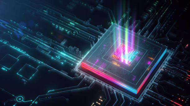 Futuristic CPU processing data and commands. Vibrant WEB3 colours. Future technology background with space for branding. 3D render stock photo